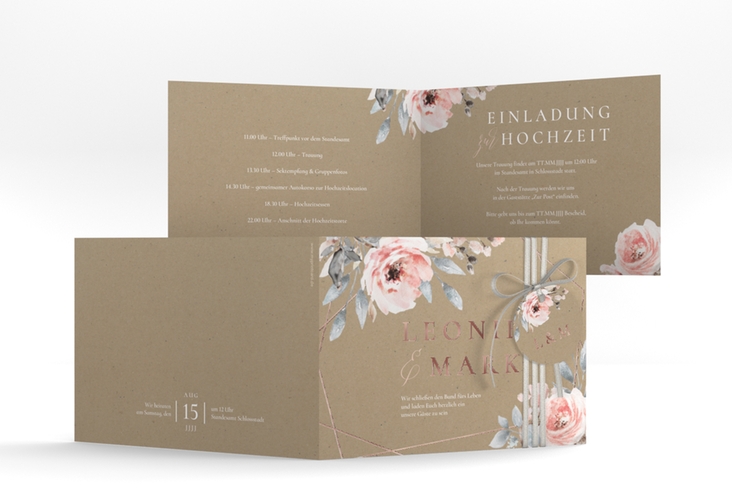 Hochzeitseinladung Perfection A6 Klappkarte quer Kraftpapier rosegold mit rosa Rosen