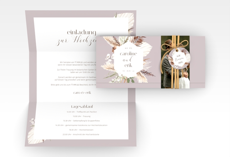 Hochzeitseinladung Bohemian Wickelfalzkarte + Banderole flieder