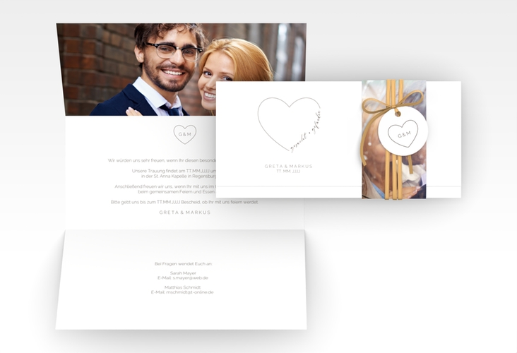 Hochzeitseinladung Lebenstraum Wickelfalzkarte + Banderole weiss