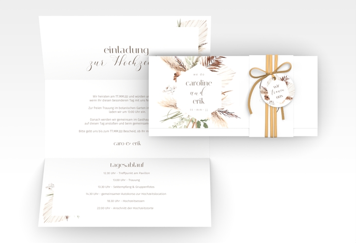 Hochzeitseinladung Bohemian Wickelfalzkarte + Banderole weiss