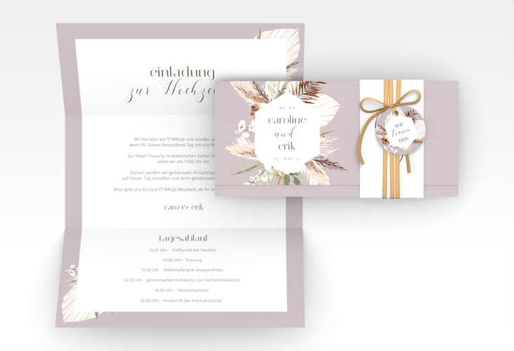 Hochzeitseinladung Bohemian Wickelfalzkarte + Banderole flieder