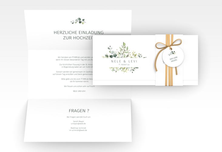 Hochzeitseinladung Enchanting Wickelfalzkarte + Banderole weiss