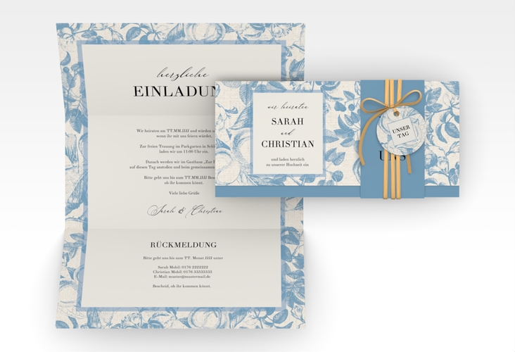 Hochzeitseinladung Toile Wickelfalzkarte + Banderole mit Blättermuster im Toile-de-Jouy-Stil