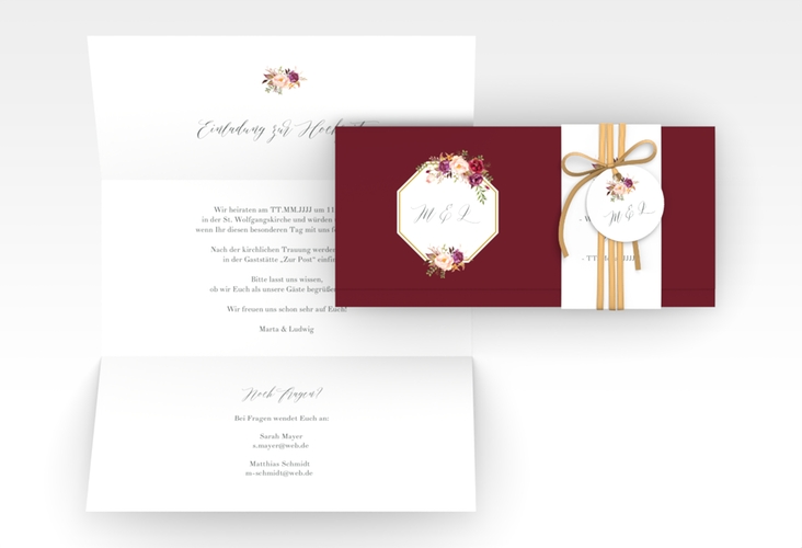 Hochzeitseinladung Prachtvoll Wickelfalzkarte + Banderole rot