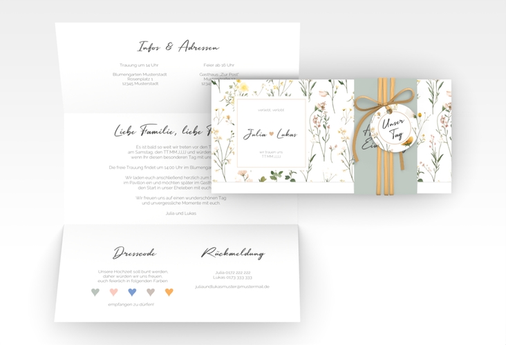 Hochzeitseinladung Blumenwiese Wickelfalzkarte + Banderole