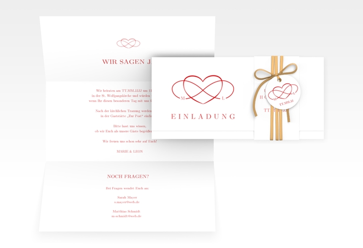 Hochzeitseinladung Infinity Wickelfalzkarte + Banderole rot