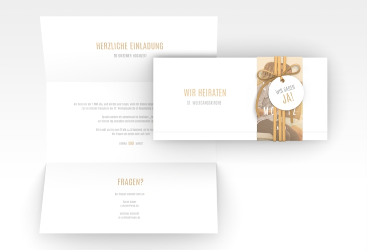 Hochzeitseinladung Memory Wickelfalzkarte + Banderole beige hochglanz