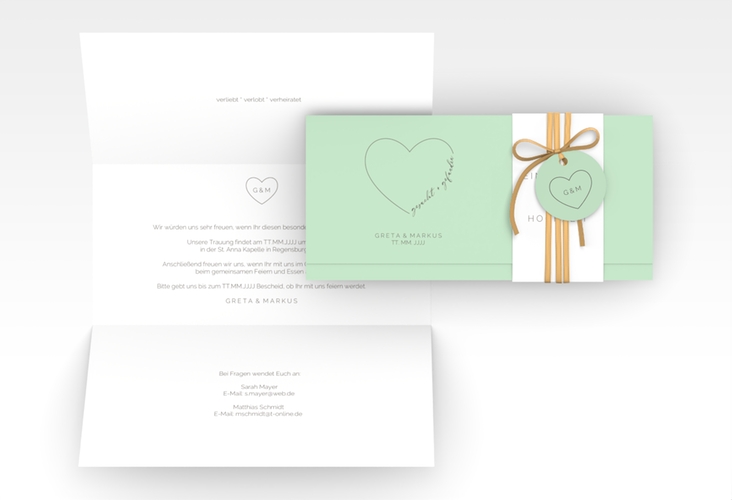 Hochzeitseinladung Lebenstraum Wickelfalzkarte + Banderole mint