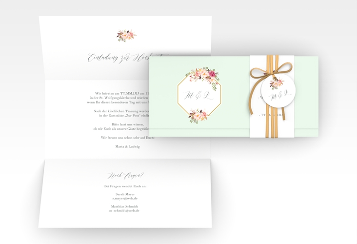 Hochzeitseinladung Prachtvoll Wickelfalzkarte + Banderole mint