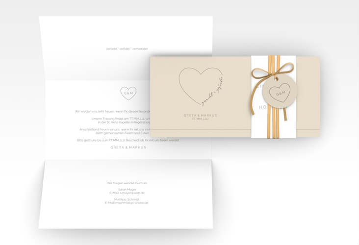 Hochzeitseinladung Lebenstraum Wickelfalzkarte + Banderole beige