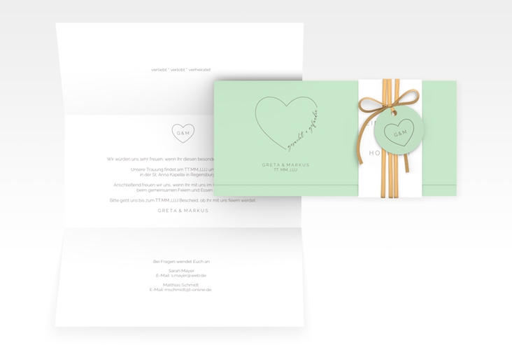 Hochzeitseinladung Lebenstraum Wickelfalzkarte + Banderole mint hochglanz