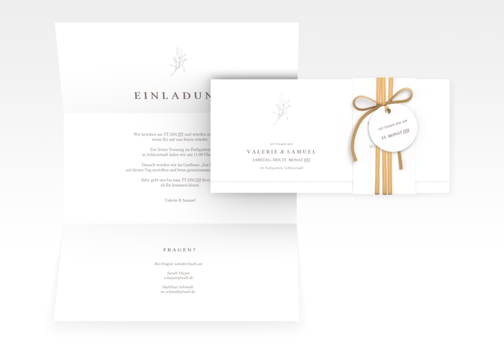 Hochzeitseinladung Ivy Wickelfalzkarte + Banderole weiss minimalistisch mit kleiner botanischer Illustration