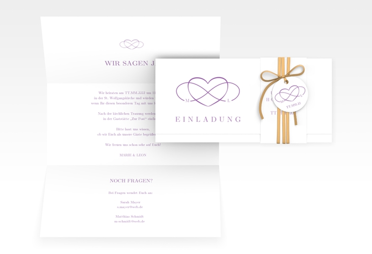 Hochzeitseinladung Infinity Wickelfalzkarte + Banderole lila