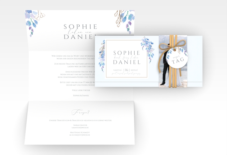 Hochzeitseinladung Blauregen Wickelfalzkarte + Banderole blau mit Wisteria-Blüten