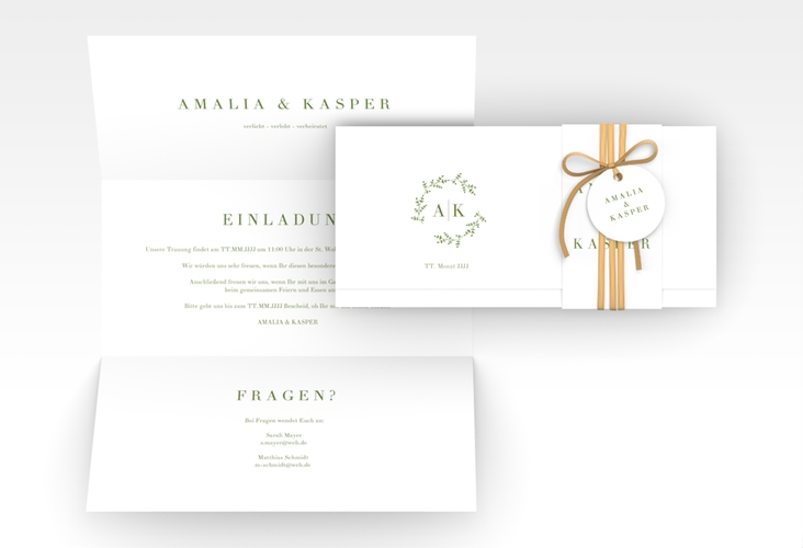 Hochzeitseinladung Filigrana Wickelfalzkarte + Banderole gruen hochglanz in reduziertem Design mit Initialen und zartem Blätterkranz