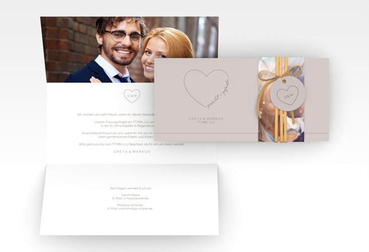 Hochzeitseinladung Lebenstraum Wickelfalzkarte + Banderole grau