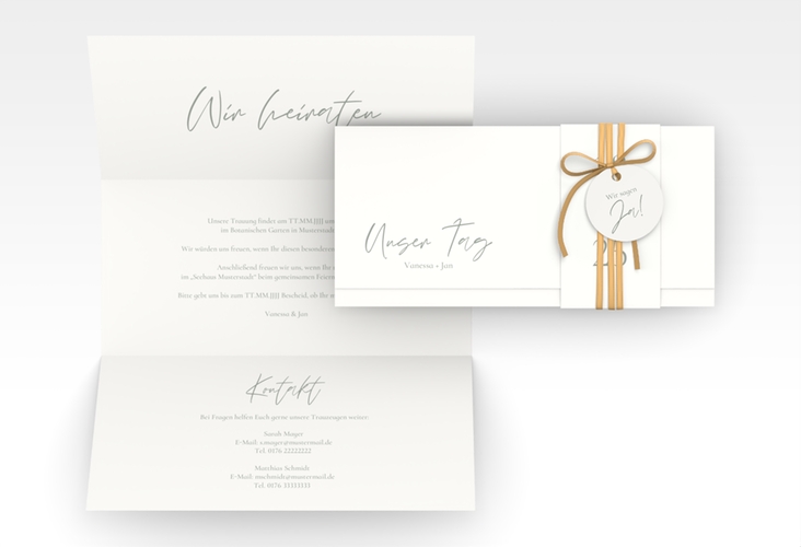 Hochzeitseinladung Day Wickelfalzkarte + Banderole weiss hochglanz mit Datum im minimalistischen Design