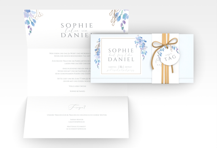 Hochzeitseinladung Blauregen Wickelfalzkarte + Banderole blau mit Wisteria-Blüten