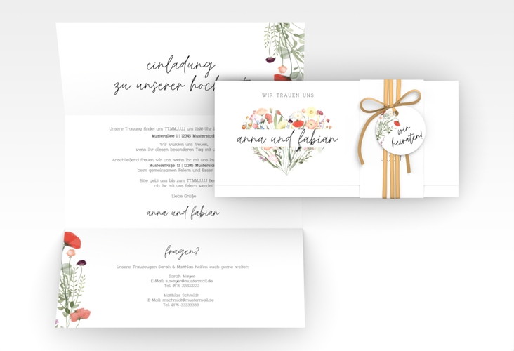 Hochzeitseinladung Wildblumenherz Wickelfalzkarte + Banderole bunt hochglanz