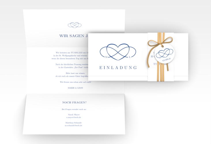 Hochzeitseinladung Infinity Wickelfalzkarte + Banderole blau
