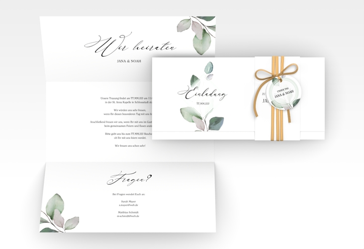 Hochzeitseinladung Foglia Wickelfalzkarte + Banderole weiss hochglanz edel mit Eukalyptus im Aquarell-Design