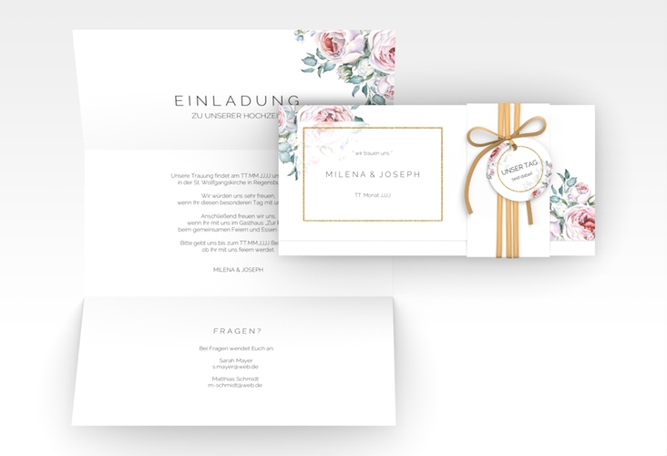 Hochzeitseinladung Embrace Wickelfalzkarte + Banderole weiss