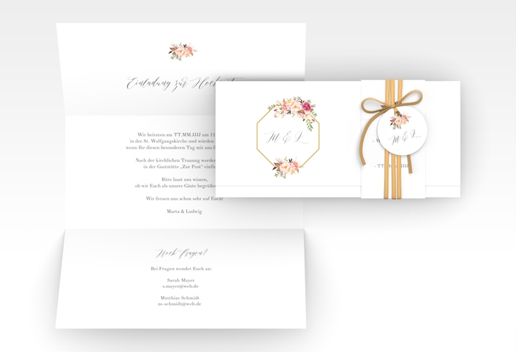 Hochzeitseinladung Prachtvoll Wickelfalzkarte + Banderole weiss