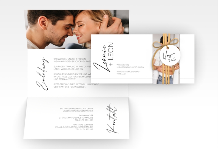 Hochzeitseinladung Your Name Wickelfalzkarte + Banderole weiss