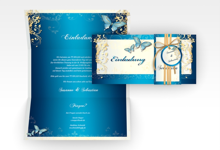 Hochzeitseinladung Toulouse Wickelfalzkarte + Banderole blau hochglanz