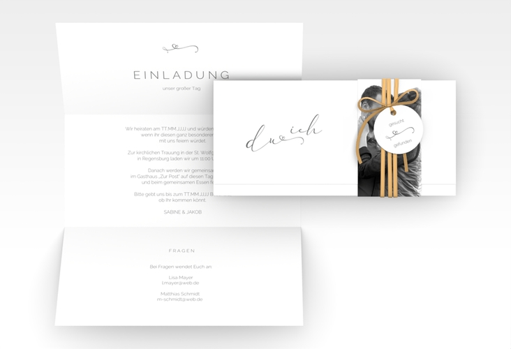 Hochzeitseinladung Zweisamkeit Wickelfalzkarte + Banderole weiss im minimalistischen Stil mit Aufschrift du & ich