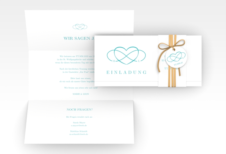 Hochzeitseinladung Infinity Wickelfalzkarte + Banderole tuerkis