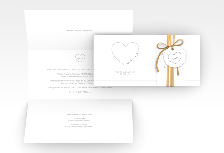 Hochzeitseinladung Lebenstraum Wickelfalzkarte + Banderole weiss