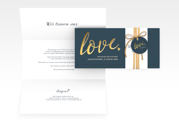 Hochzeitseinladung Glam Wickelfalzkarte + Banderole blau hochglanz