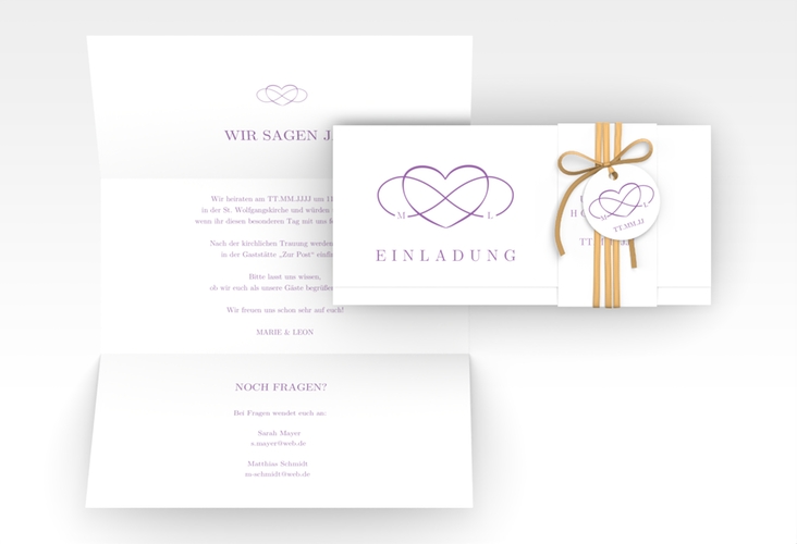 Hochzeitseinladung Infinity Wickelfalzkarte + Banderole lila