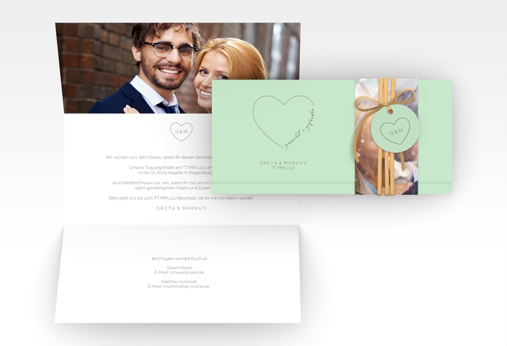Hochzeitseinladung Lebenstraum Wickelfalzkarte + Banderole mint
