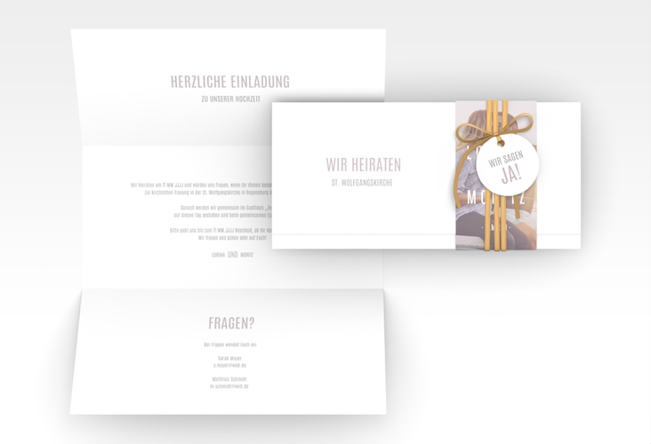 Hochzeitseinladung Memory Wickelfalzkarte + Banderole grau hochglanz