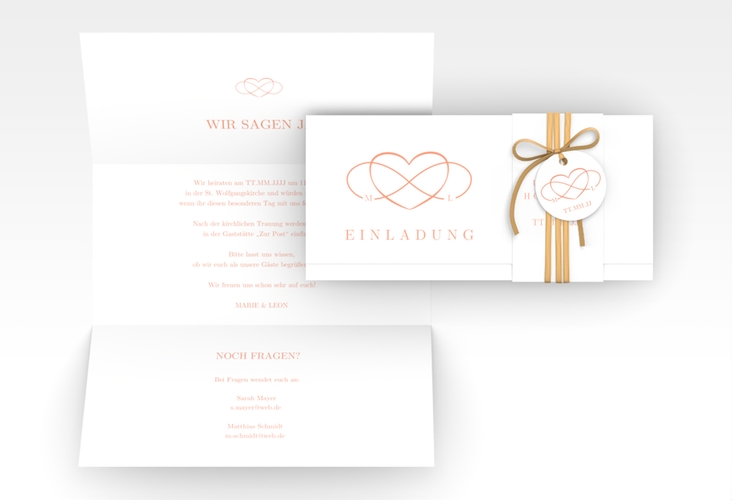 Hochzeitseinladung Infinity Wickelfalzkarte + Banderole apricot