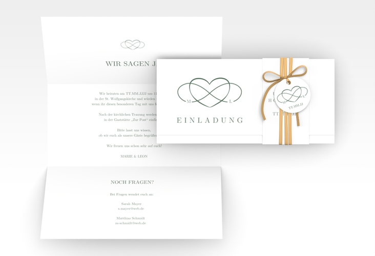 Hochzeitseinladung Infinity Wickelfalzkarte + Banderole gruen