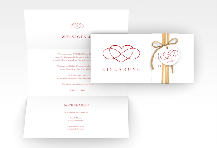 Hochzeitseinladung Infinity Wickelfalzkarte + Banderole rot