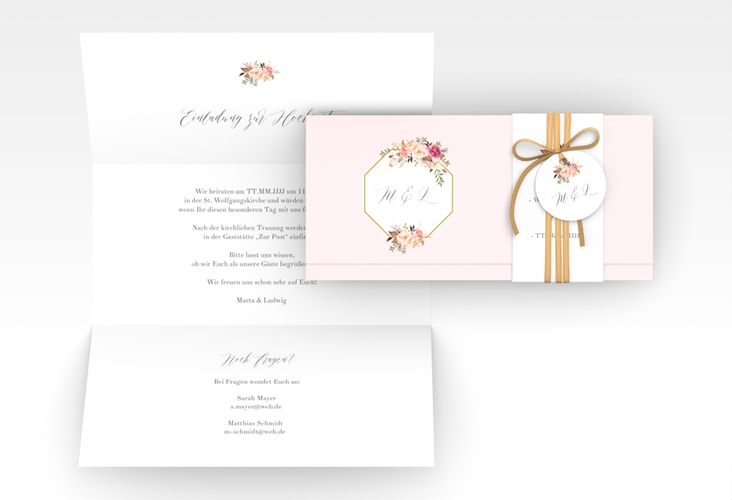 Hochzeitseinladung Prachtvoll Wickelfalzkarte + Banderole rosa