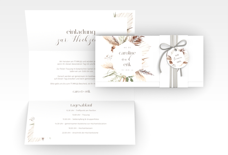 Hochzeitseinladung Bohemian Wickelfalzkarte + Banderole weiss