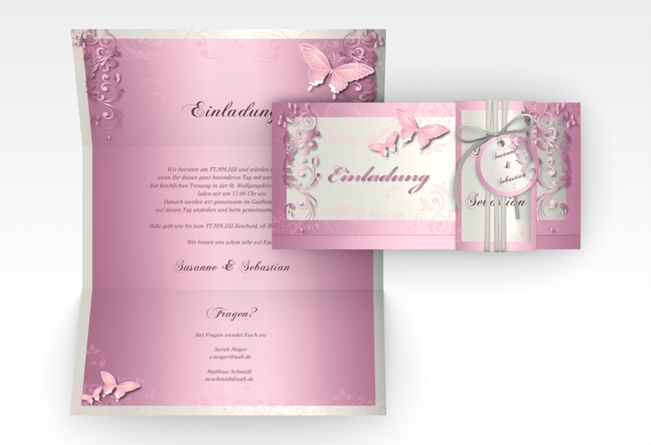 Hochzeitseinladung Toulouse Wickelfalzkarte + Banderole rosa