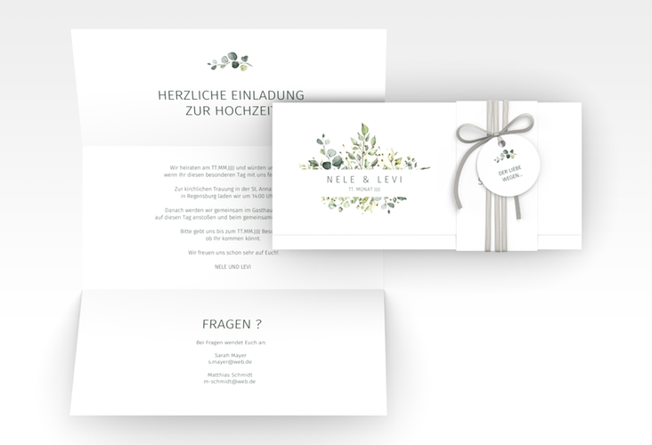 Hochzeitseinladung Enchanting Wickelfalzkarte + Banderole weiss