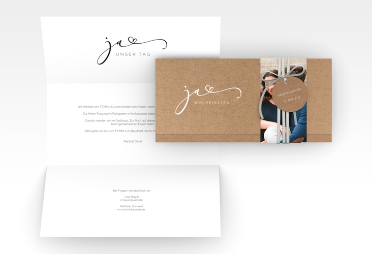 Hochzeitseinladung Jawort Wickelfalzkarte + Banderole Kraftpapier modern minimalistisch mit veredelter Aufschrift
