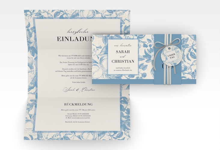 Hochzeitseinladung Toile Wickelfalzkarte + Banderole mit Blättermuster im Toile-de-Jouy-Stil