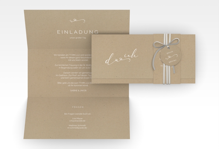 Hochzeitseinladung Zweisamkeit Wickelfalzkarte + Banderole Kraftpapier hochglanz im minimalistischen Stil mit Aufschrift du & ich