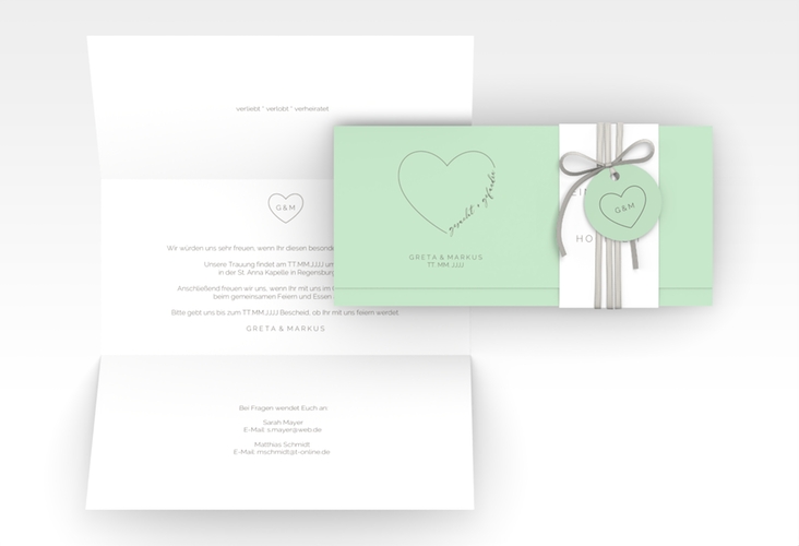 Hochzeitseinladung Lebenstraum Wickelfalzkarte + Banderole mint