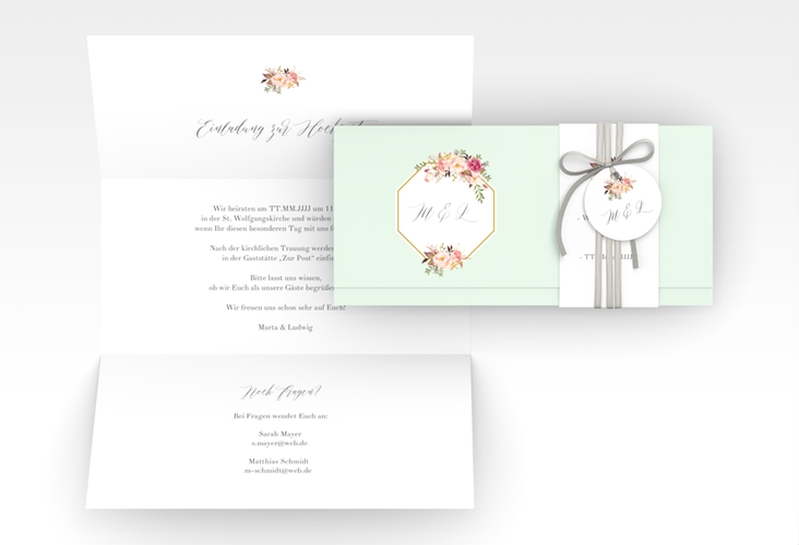Hochzeitseinladung Prachtvoll Wickelfalzkarte + Banderole mint