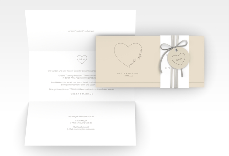 Hochzeitseinladung Lebenstraum Wickelfalzkarte + Banderole beige