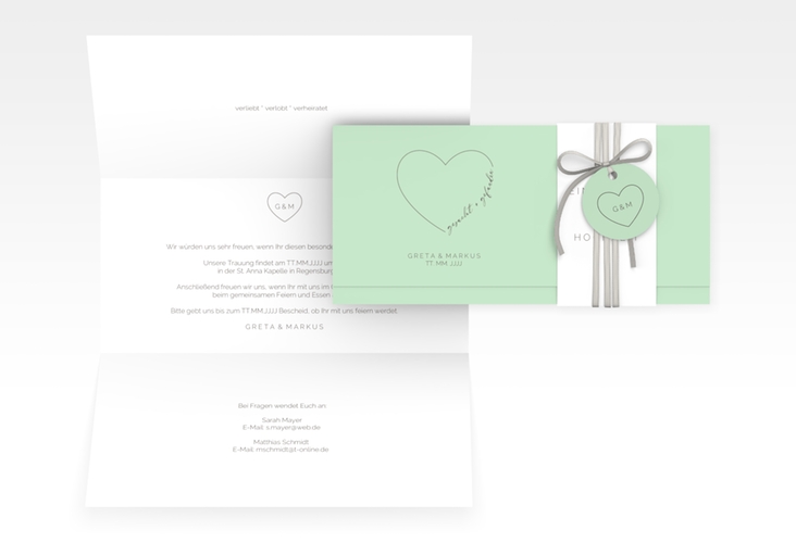 Hochzeitseinladung Lebenstraum Wickelfalzkarte + Banderole mint hochglanz